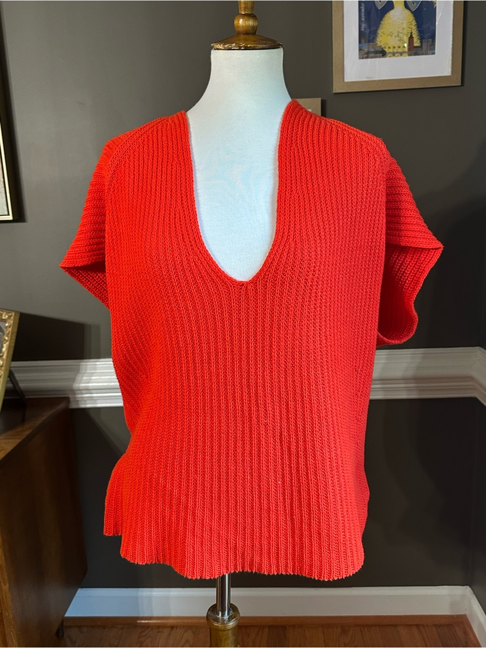 CAbi Bright Red Deep V-Neck Ribbed Knit Sweater
